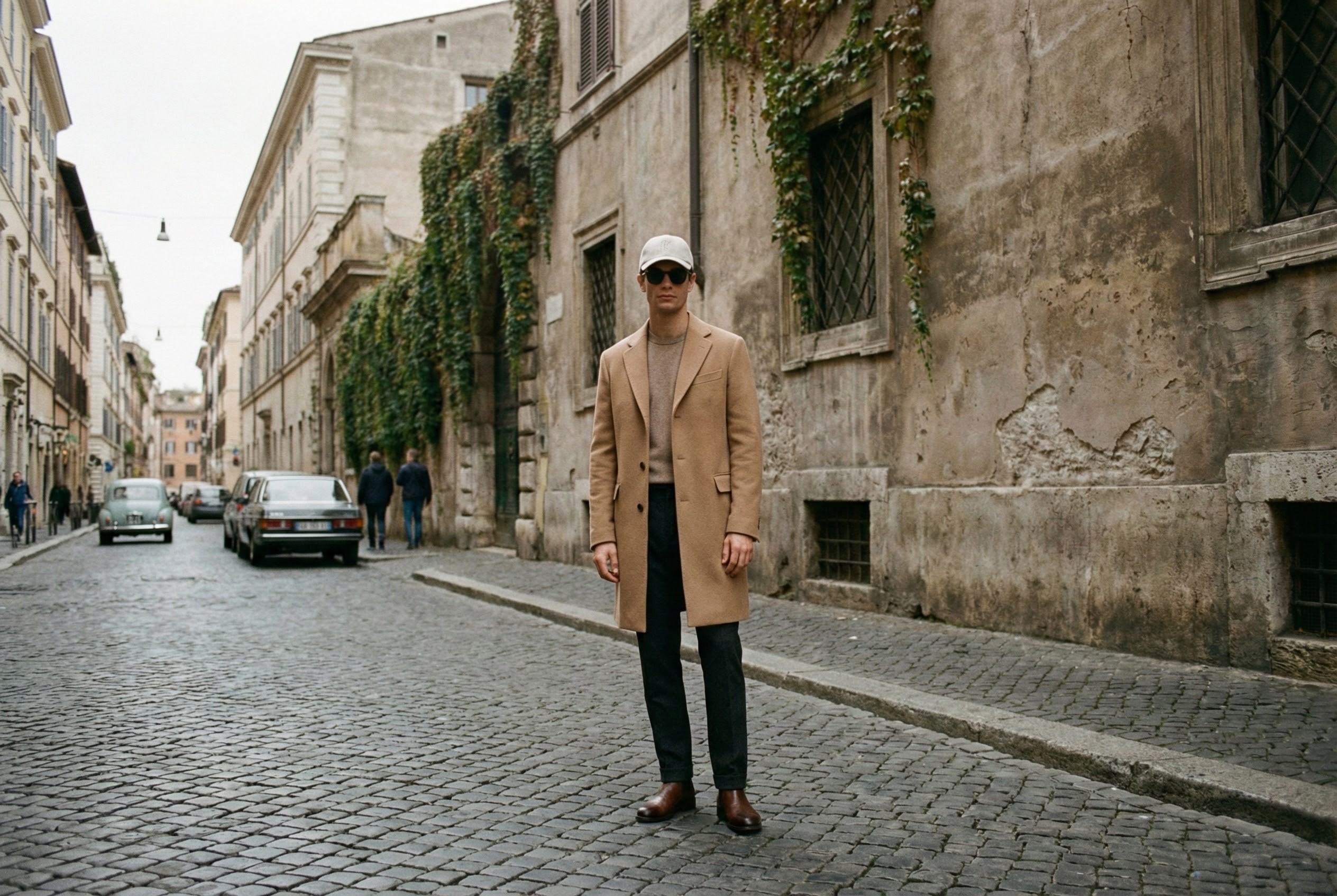 Fashionable man on Italian cobblestone street